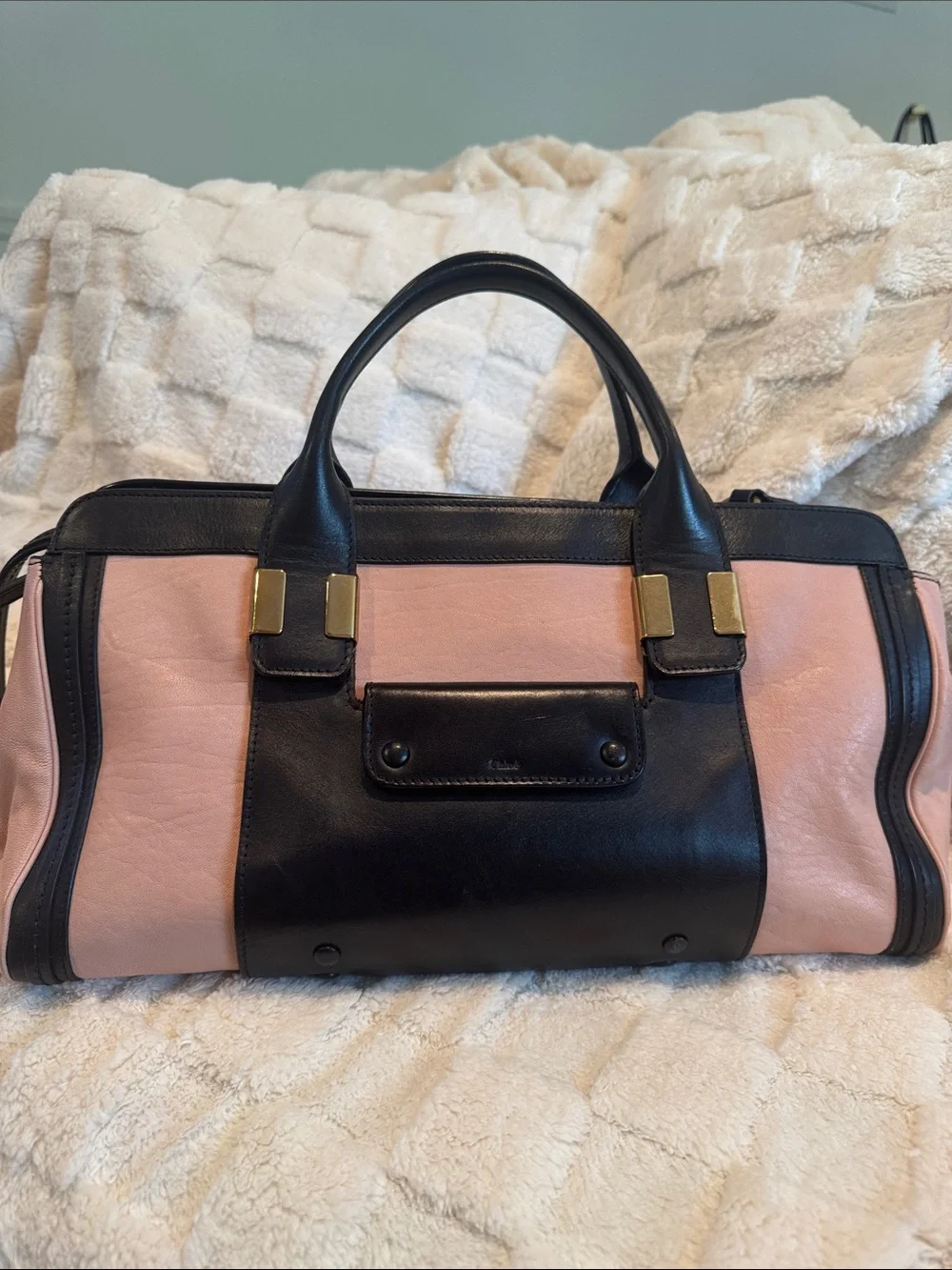 Chloe Black and Blush Pink Leather Satchel with shoulder strap.